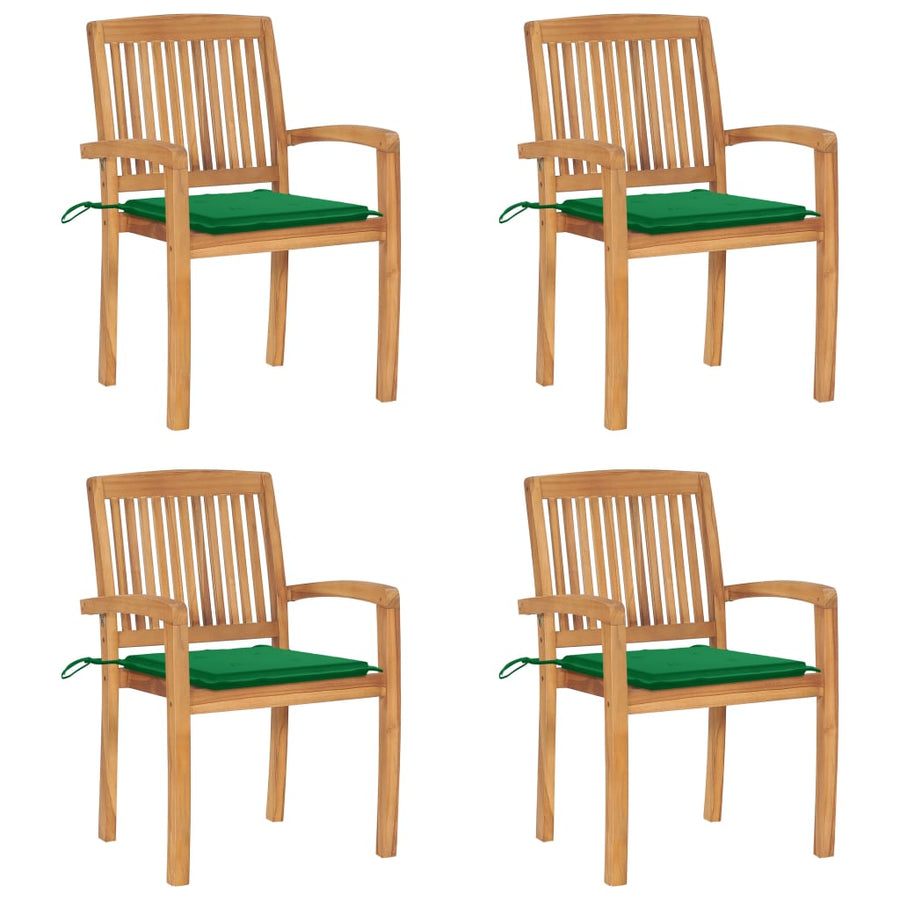 Tuinstoelen stapelbaar 4 st met kussens massief teakhout