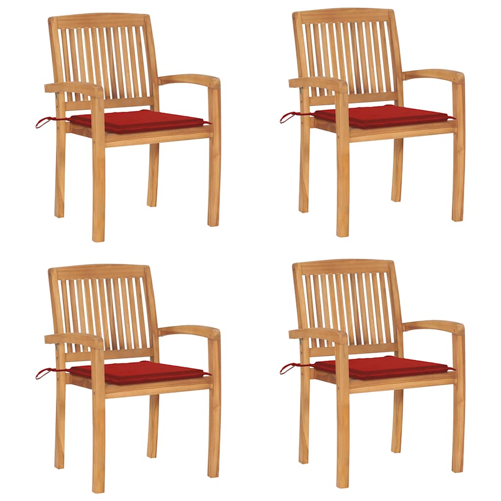 Tuinstoelen stapelbaar 4 st met kussens massief teakhout