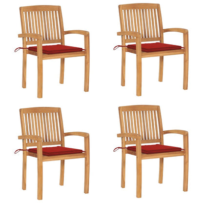 Tuinstoelen stapelbaar 4 st met kussens massief teakhout