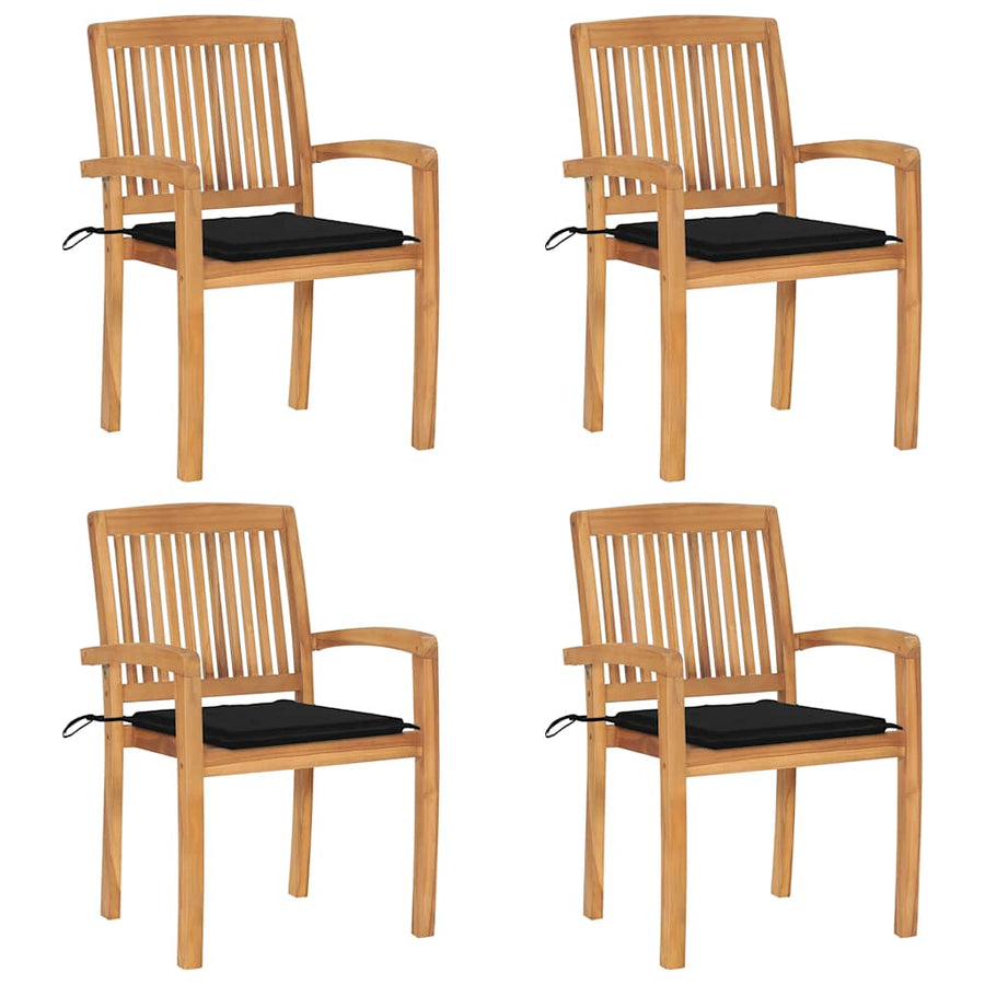 Tuinstoelen stapelbaar 4 st met kussens massief teakhout