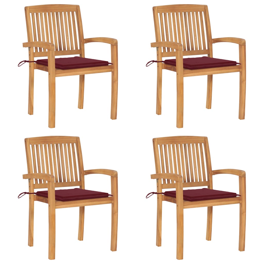 Tuinstoelen stapelbaar 4 st met kussens massief teakhout