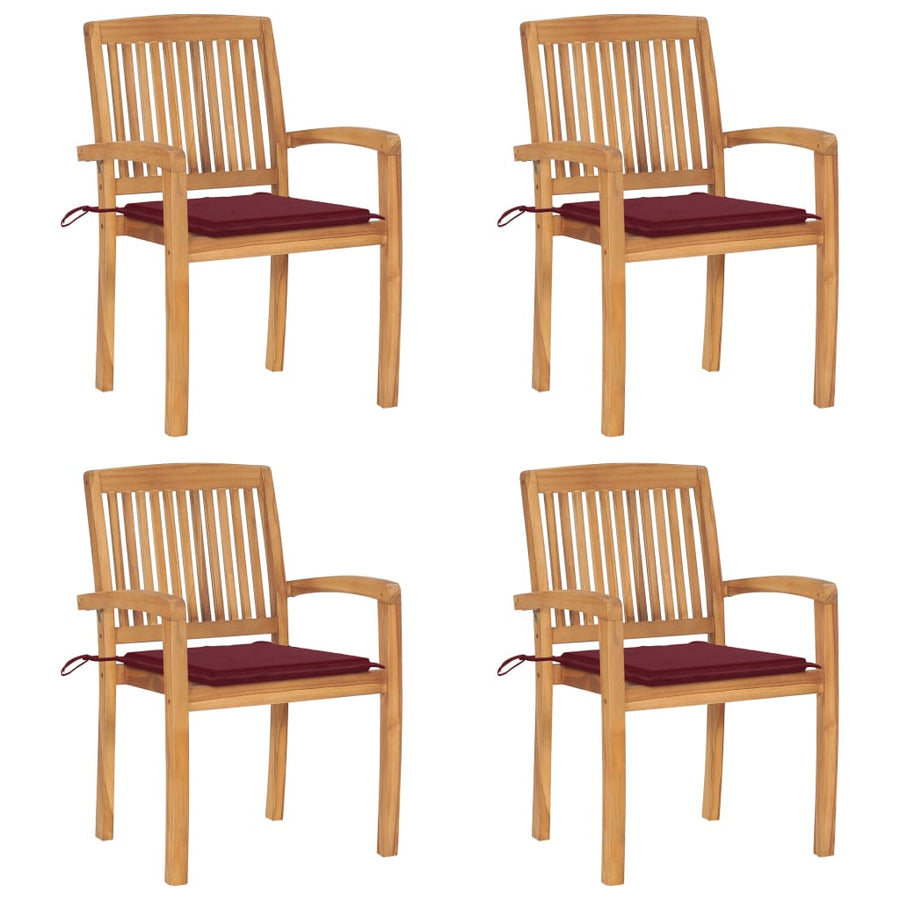 Tuinstoelen stapelbaar 4 st met kussens massief teakhout