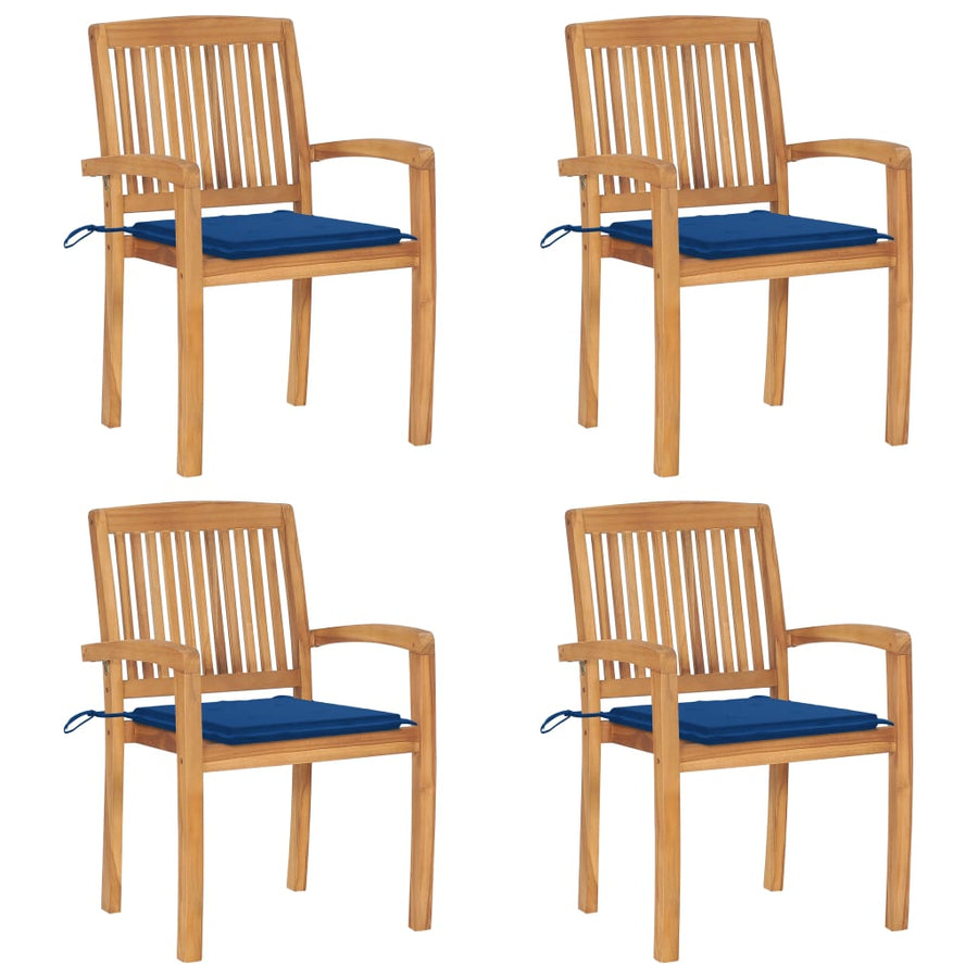 Tuinstoelen stapelbaar 4 st met kussens massief teakhout