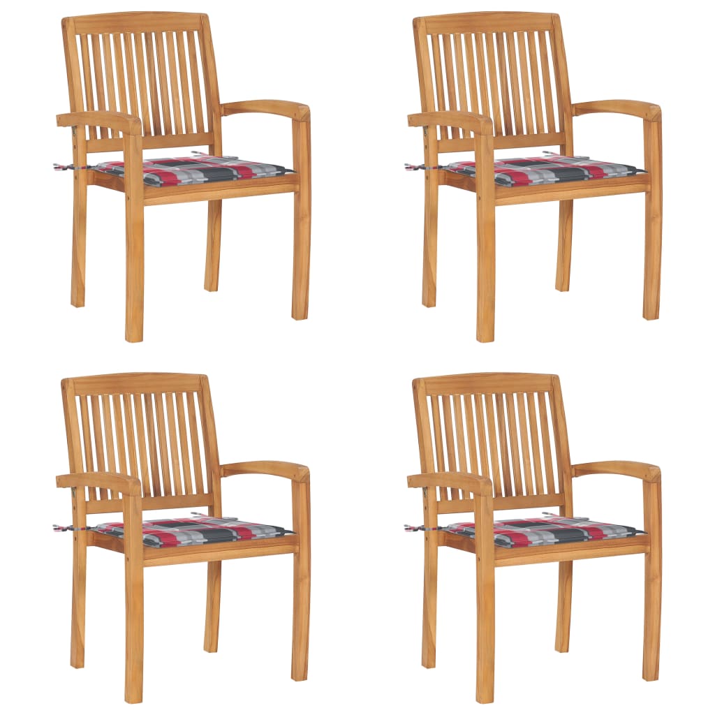 Tuinstoelen stapelbaar 4 st met kussens massief teakhout