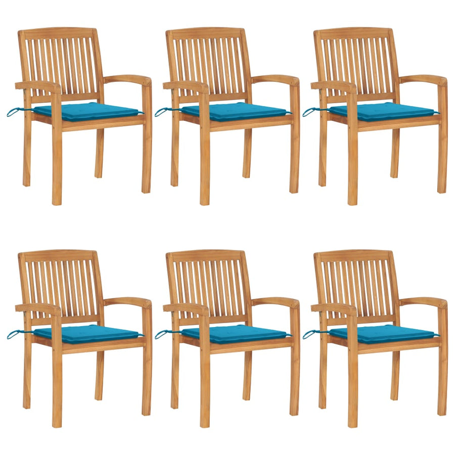 Tuinstoelen stapelbaar 6 st met kussens massief teakhout