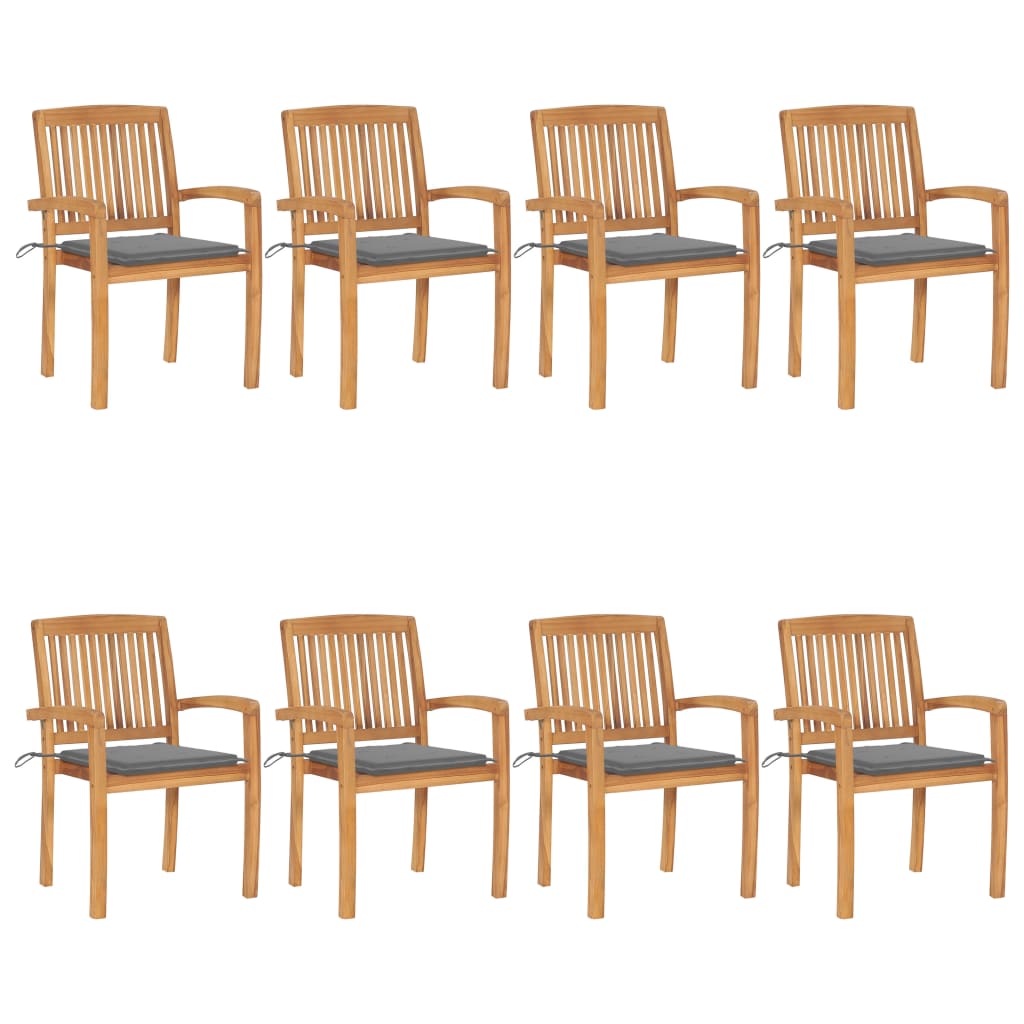 Tuinstoelen stapelbaar 8 st met kussens massief teakhout