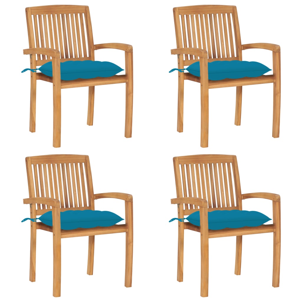Tuinstoelen stapelbaar 4 st met kussens massief teakhout