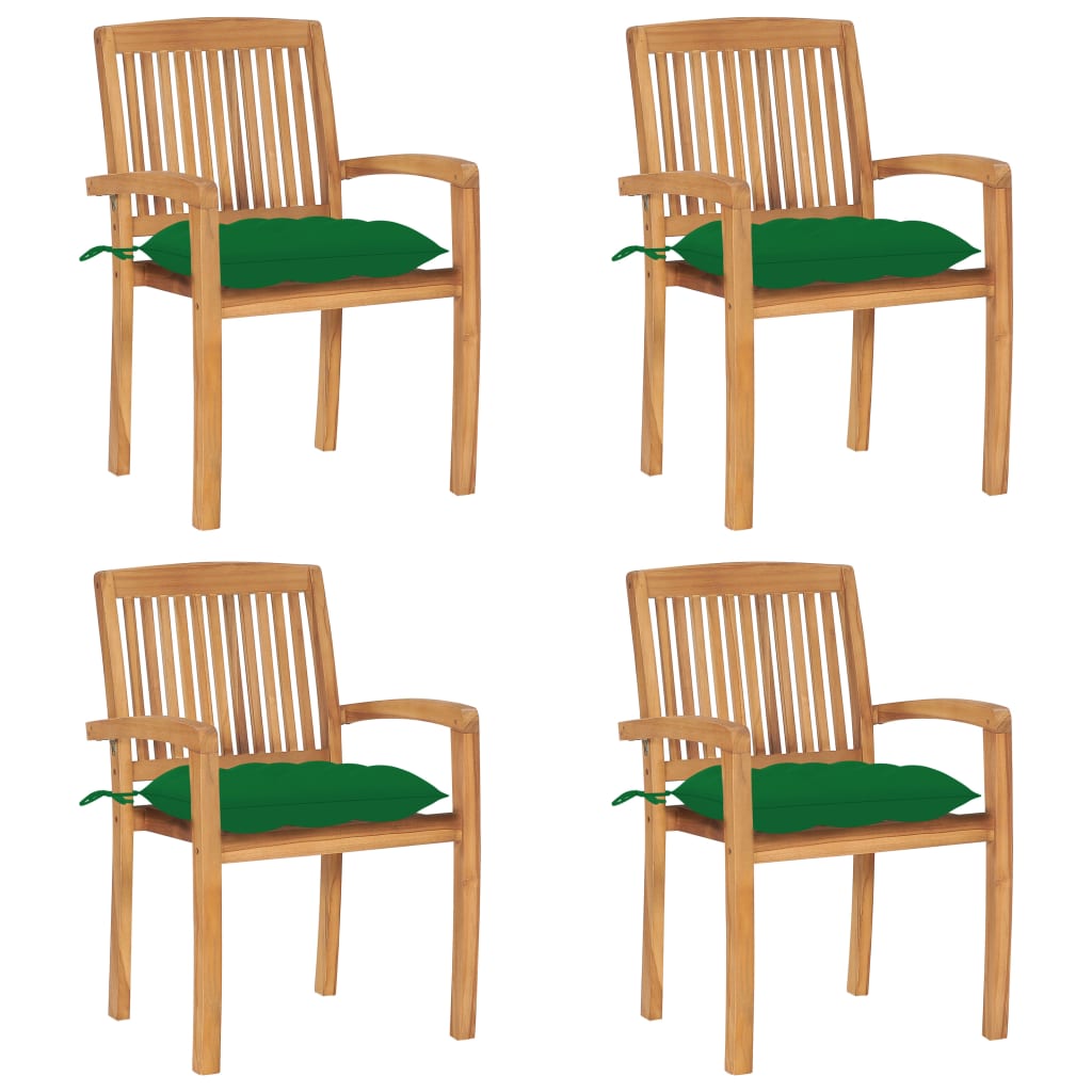 Tuinstoelen stapelbaar 4 st met kussens massief teakhout