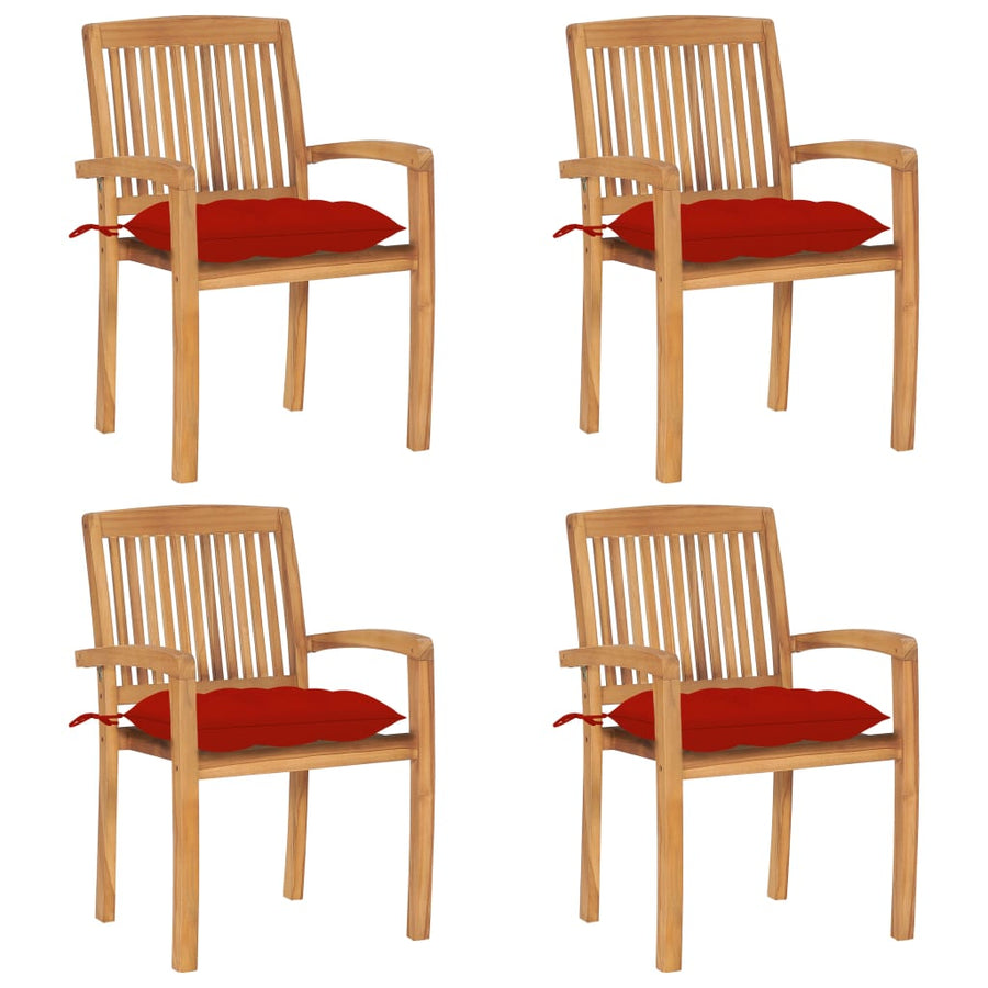 Tuinstoelen stapelbaar 4 st met kussens massief teakhout