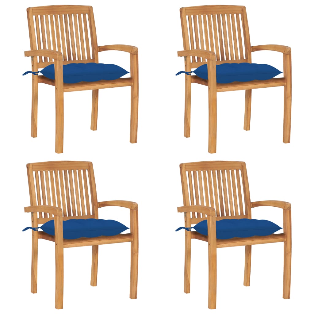 Tuinstoelen stapelbaar 4 st met kussens massief teakhout