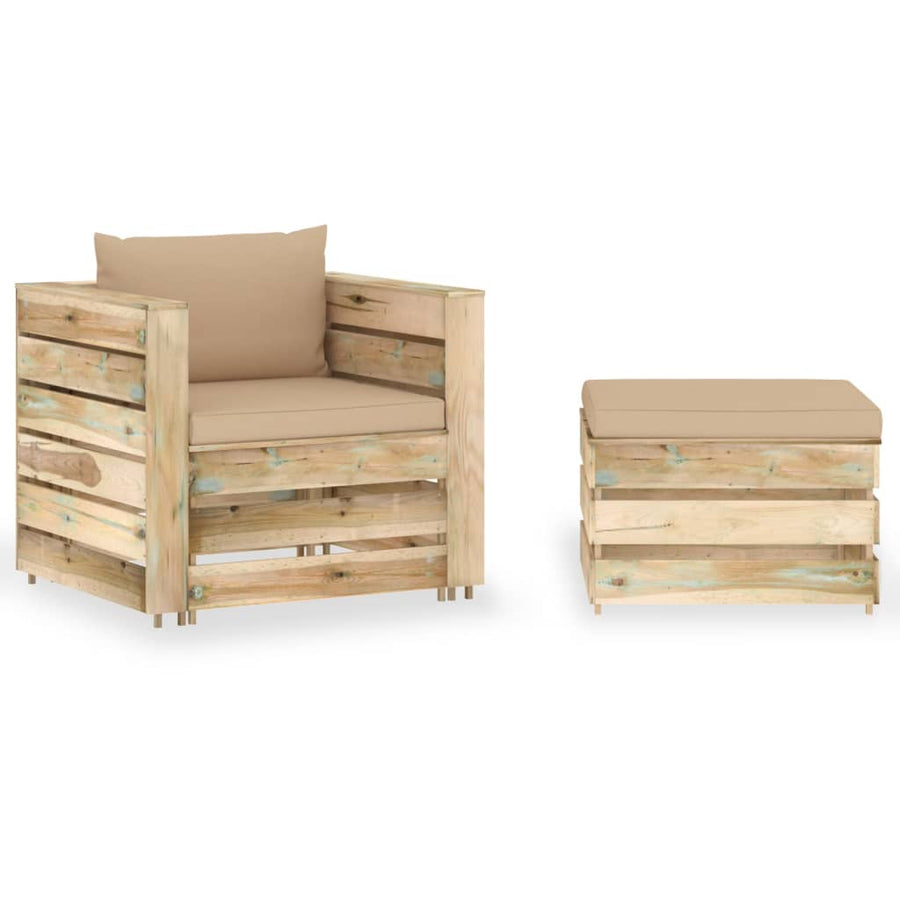 Loungeset Met Kussens Groen Geïmpregneerd Hout Beige en bruin