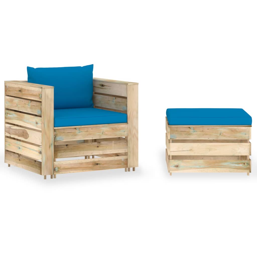 Loungeset Met Kussens Groen Geïmpregneerd Hout Lichtblauw en bruin