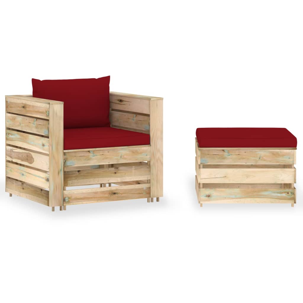 Loungeset Met Kussens Groen Geïmpregneerd Hout Wijnrood en bruin