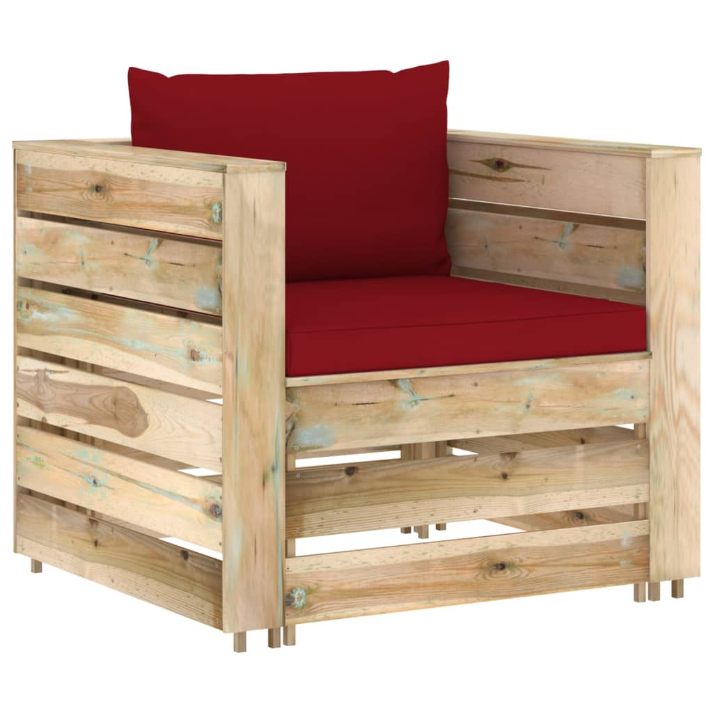 Loungeset Met Kussens Groen Geïmpregneerd Hout Wijnrood en bruin