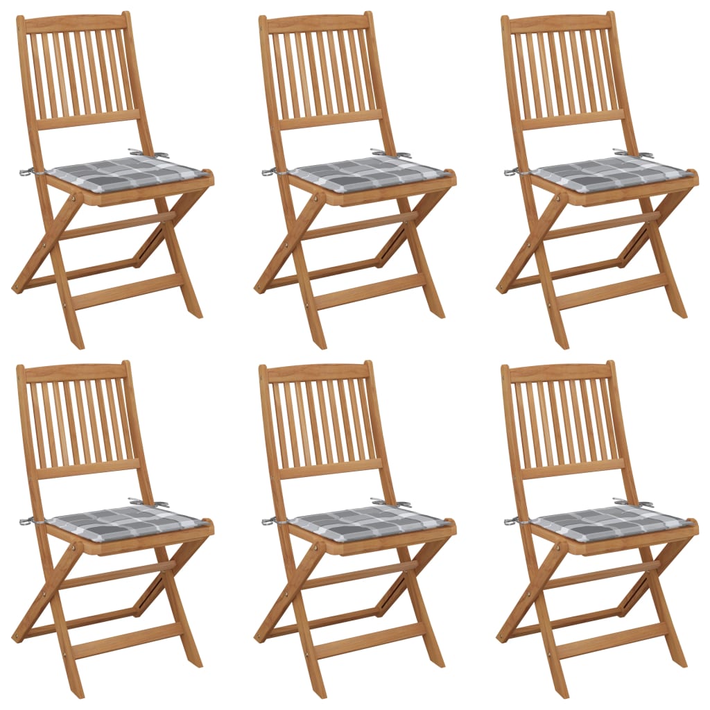 Tuinstoelen Inklapbaar Met Kussens Massief Acaciahout 6 Grijs ruitpatroon Zonder armleuning