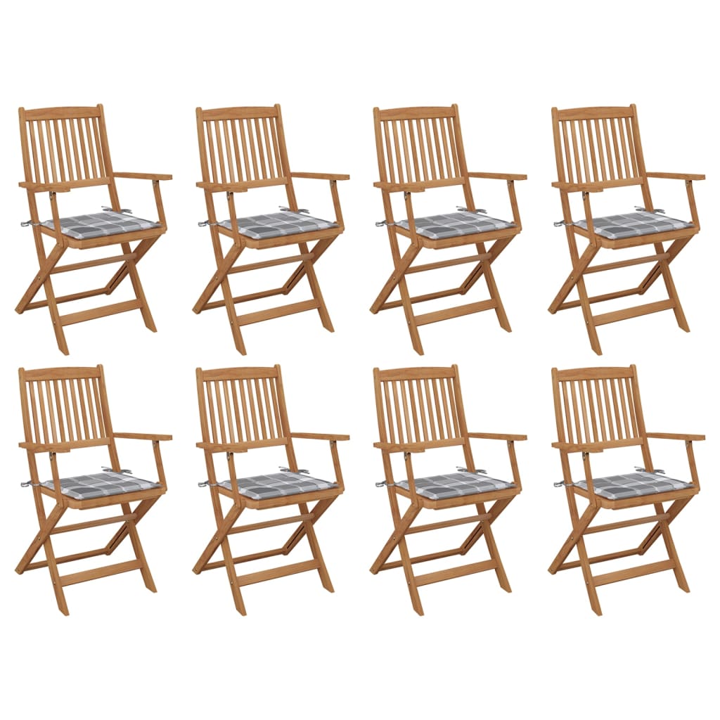 Tuinstoelen 8 St Inklapbaar Met Kussens Massief Acaciahout Grijs ruitpatroon