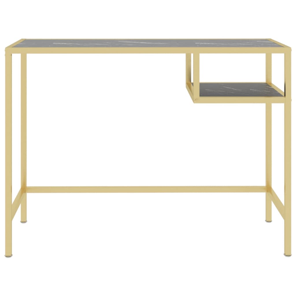 Computerbureau 100X36X74 Cm Gehard Glas Zwartmarmerkleurig black marble and gold
