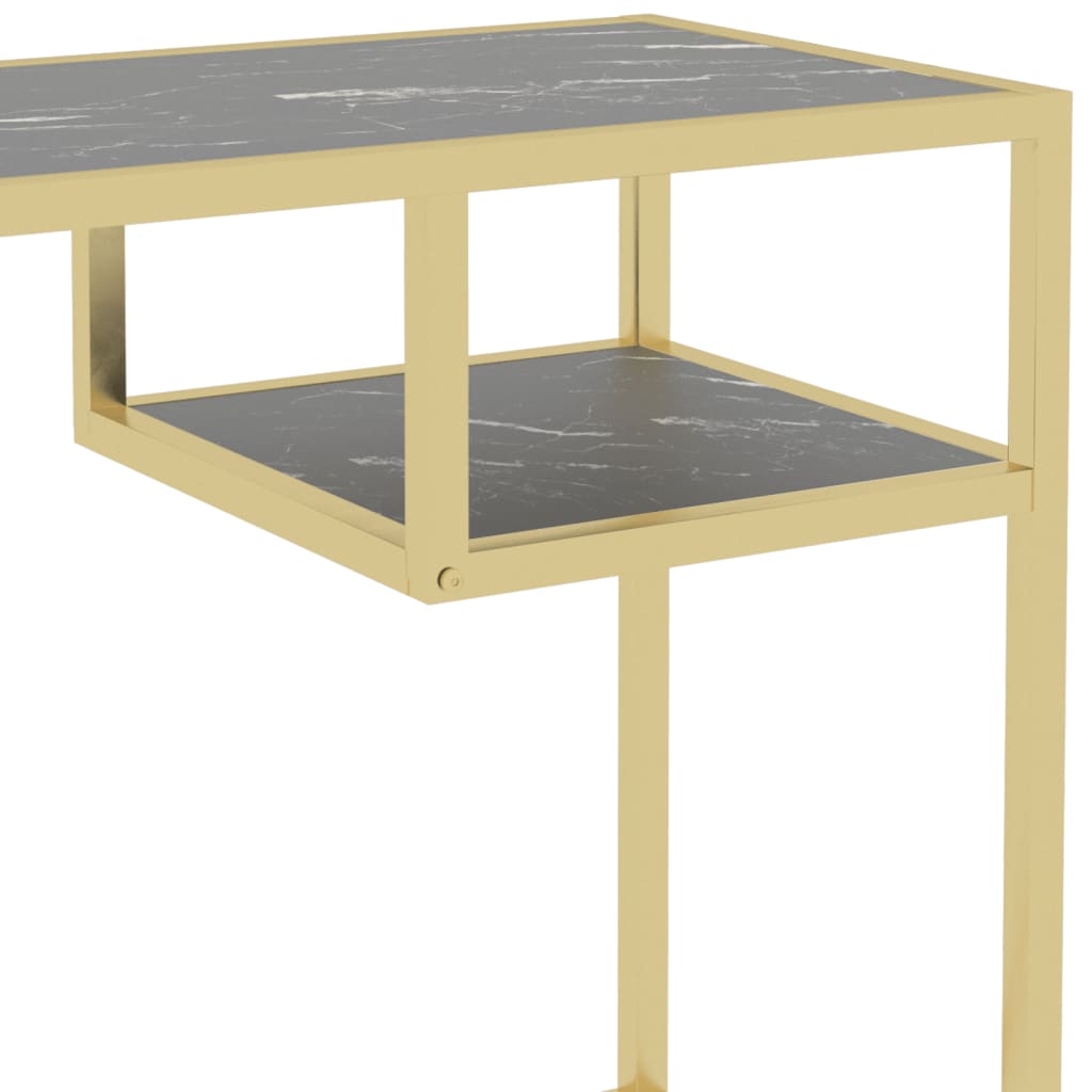 Computerbureau 100X36X74 Cm Gehard Glas Zwartmarmerkleurig black marble and gold