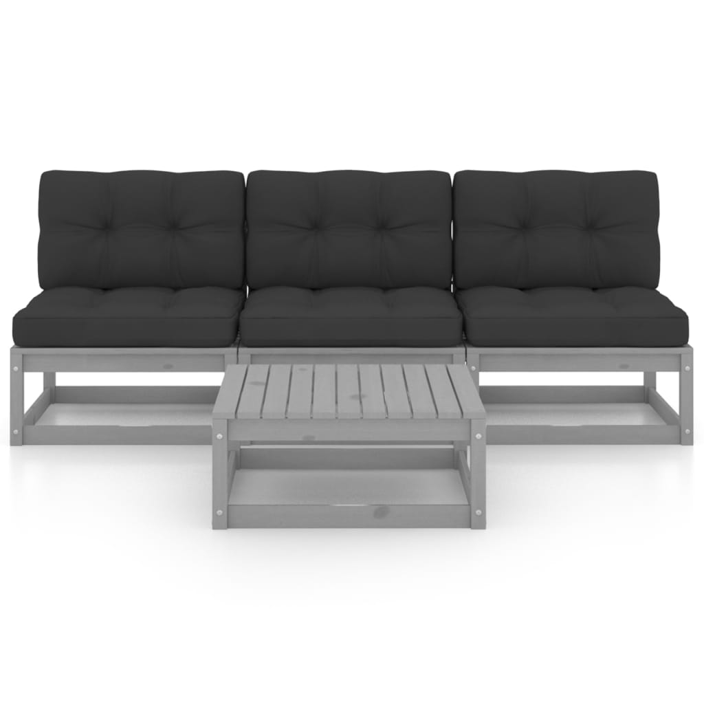 4-Delige Loungeset Met Kussens Massief Grenenhout Ja Grijs