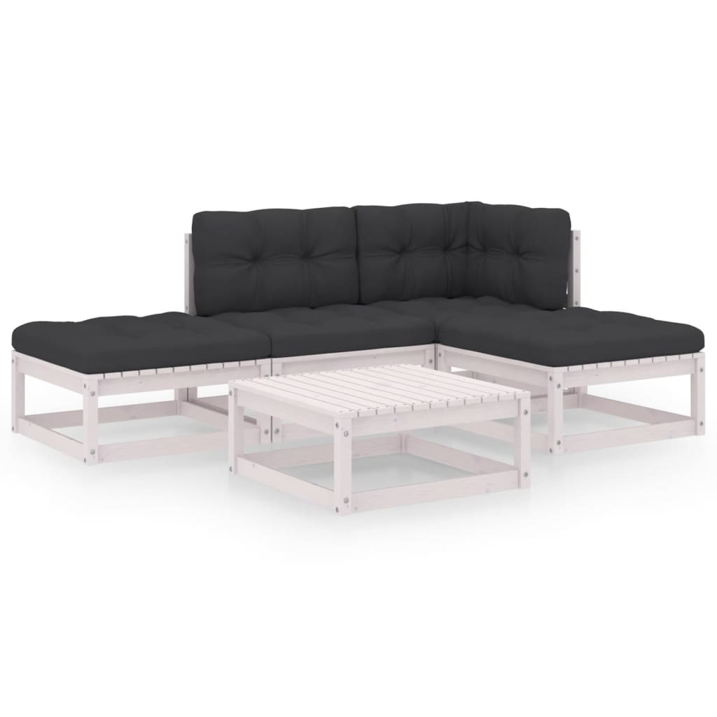 5-Delige Loungeset Met Kussens Massief Grenenhout Ja Wit