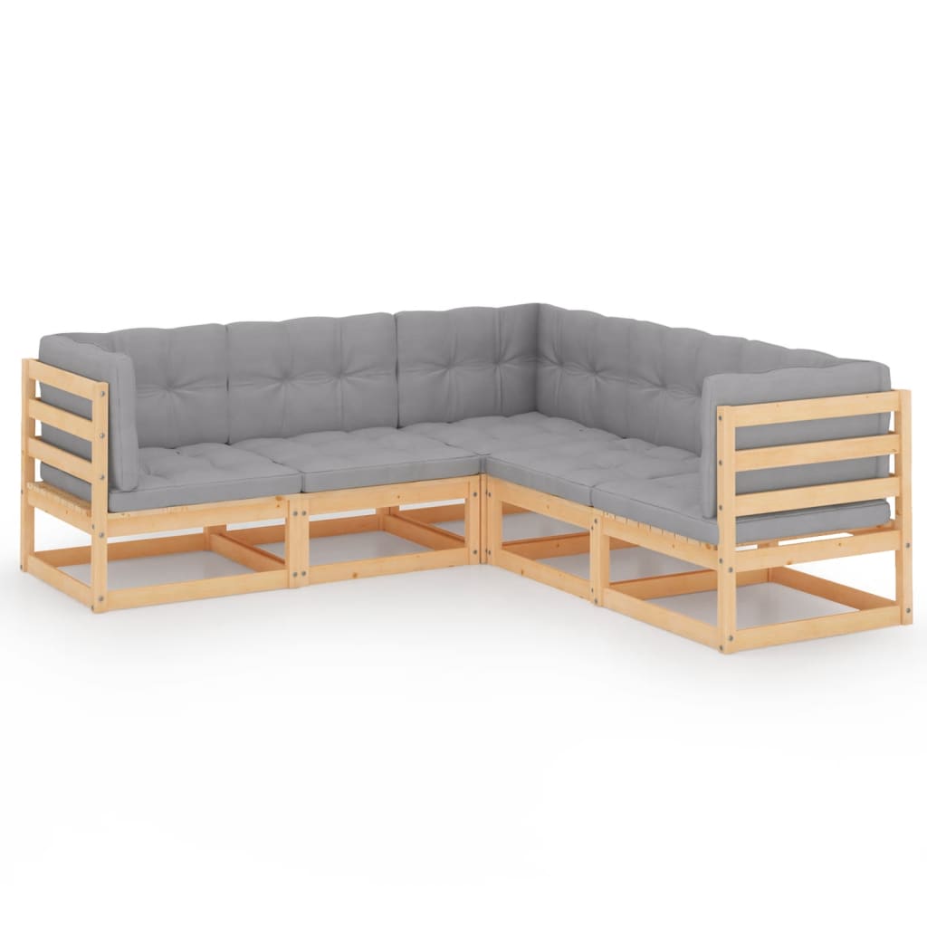 5-Delige Loungeset Met Kussens Massief Grenenhout Naturel