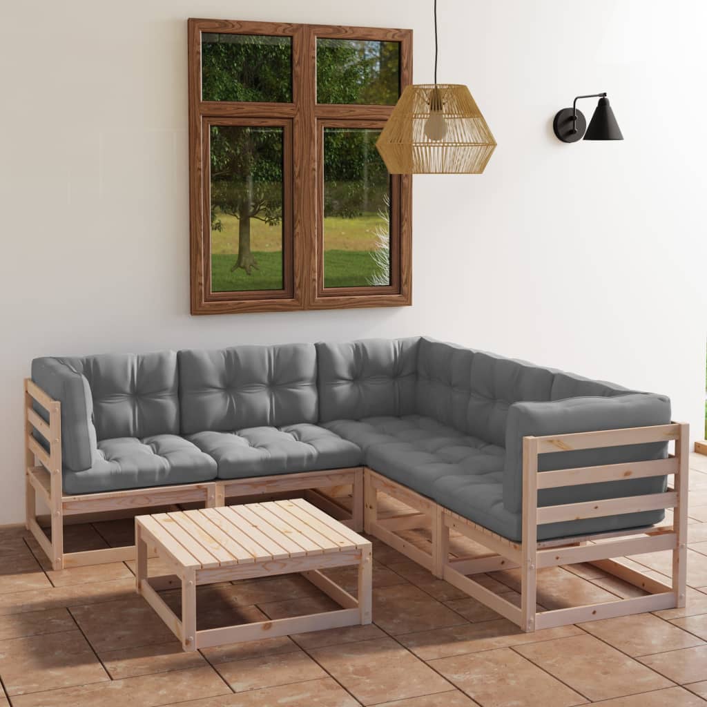 6-Delige Loungeset Met Kussens Massief Grenenhout Naturel