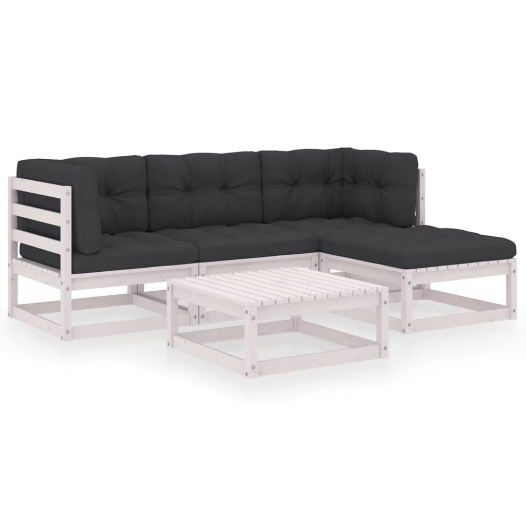 5-Delige Loungeset Met Kussens Massief Grenenhout Ja Wit