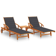 Ligstoelen 2 st massief acaciahout met tafel antraciet