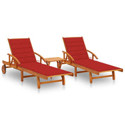 Ligstoelen 2 st massief acaciahout met tafel en kussens rood