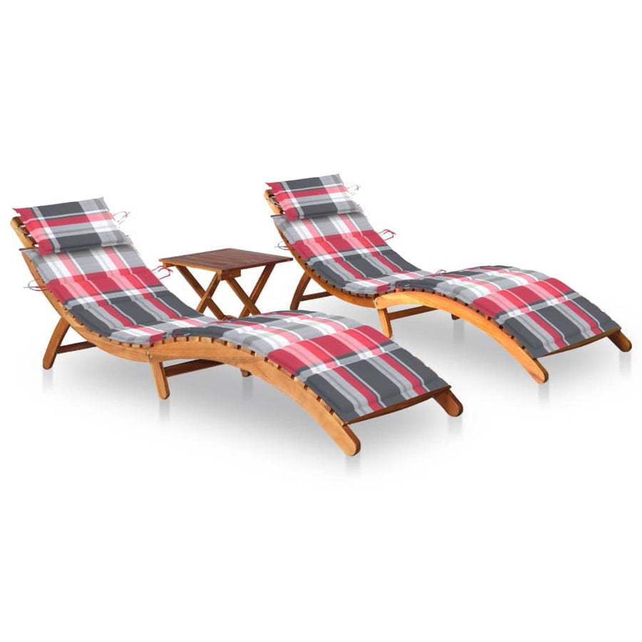 Ligbedden 2 St Met Tafel En Kussens Massief Acaciahout Rood ruitpatroon 2 ligbedden met tafel