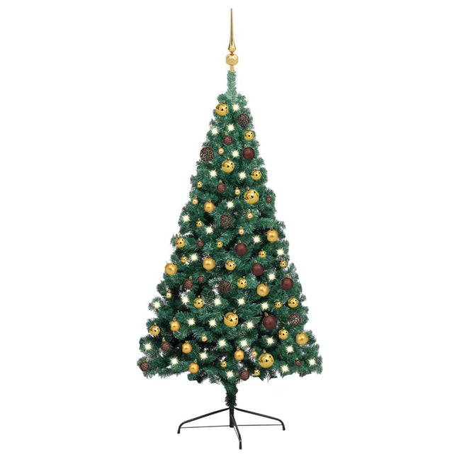 Kunstkerstboom met verlichting en kerstballen half 120 cm groen 120 x 68 cm Groen en goud