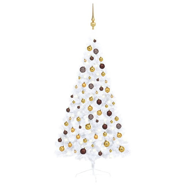 Kunstkerstboom Met Verlichting En Kerstballen Half 50 Cm 150 x 95 cm Wit en goud