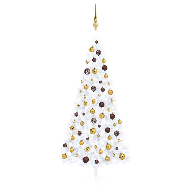 Kunstkerstboom Met Verlichting En Kerstballen Half 80 Cm 180 x 110 cm Wit en goud