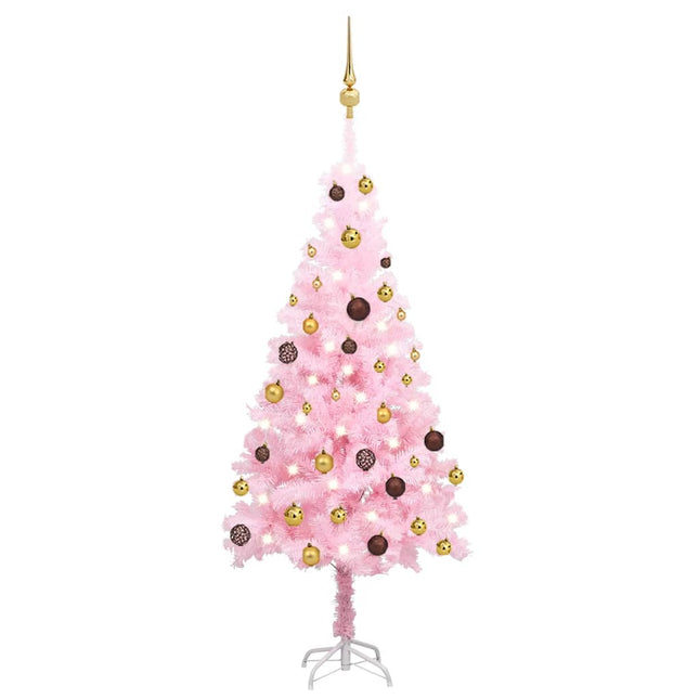 Kunstkerstboom met verlichting en kerstballen 120 cm PVC roze 120 x 65 cm Roze en goudkleurig