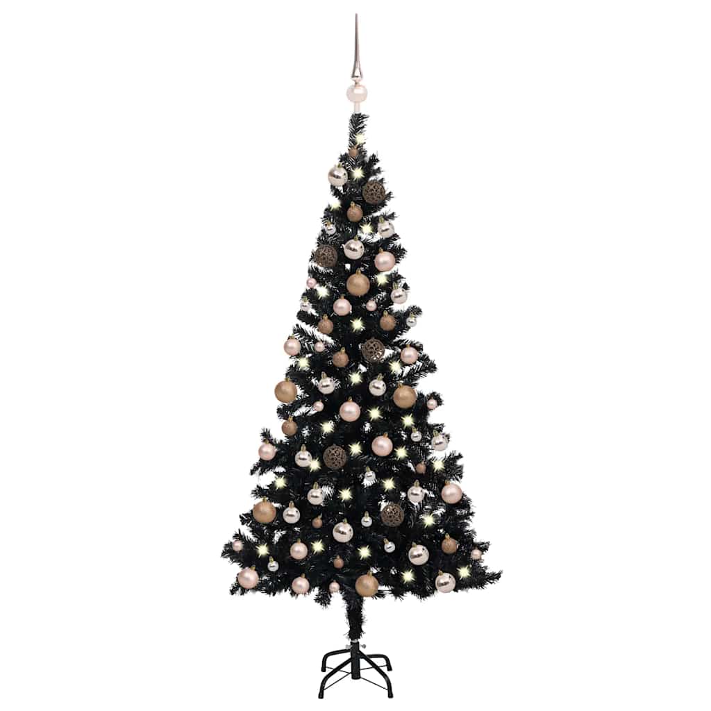 Kunstkerstboom Met Verlichting En Kerstballen 180 Cm Pvc 180 x 93 cm Zwart en rosé