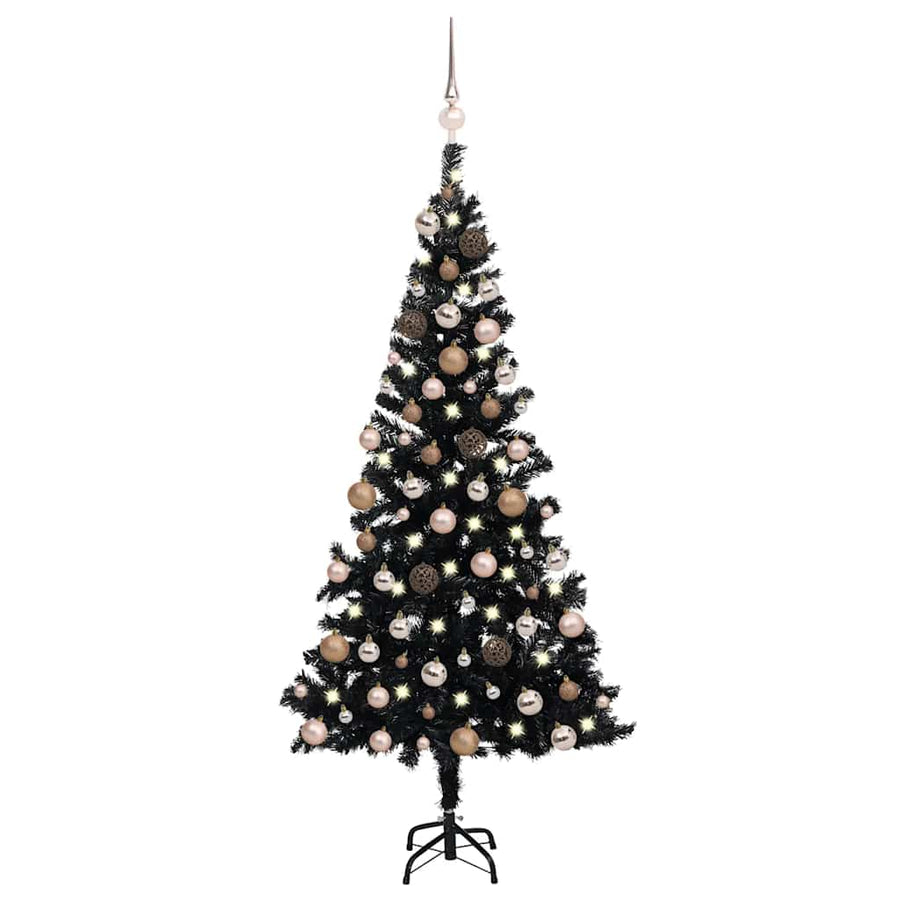 Kunstkerstboom Met Verlichting En Kerstballen 180 Cm Pvc 180 x 93 cm Zwart en rosé