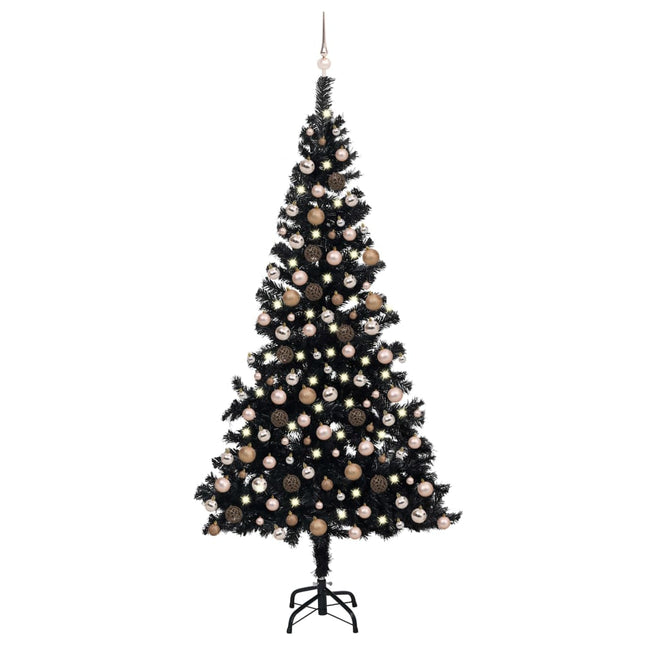 Kunstkerstboom Met Verlichting En Kerstballen 240 Cm Pvc 240 x 120 cm Zwart en rosé