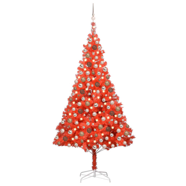 Kunstkerstboom Met Verlichting En Kerstballen 240 Cm Pvc 240 x 120 cm Rood en rosé