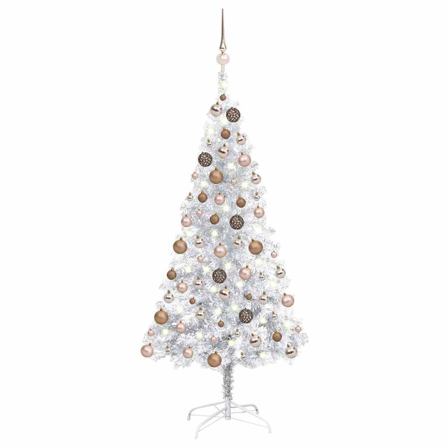Kunstkerstboom met verlichting en kerstballen 120 cm PET zilver