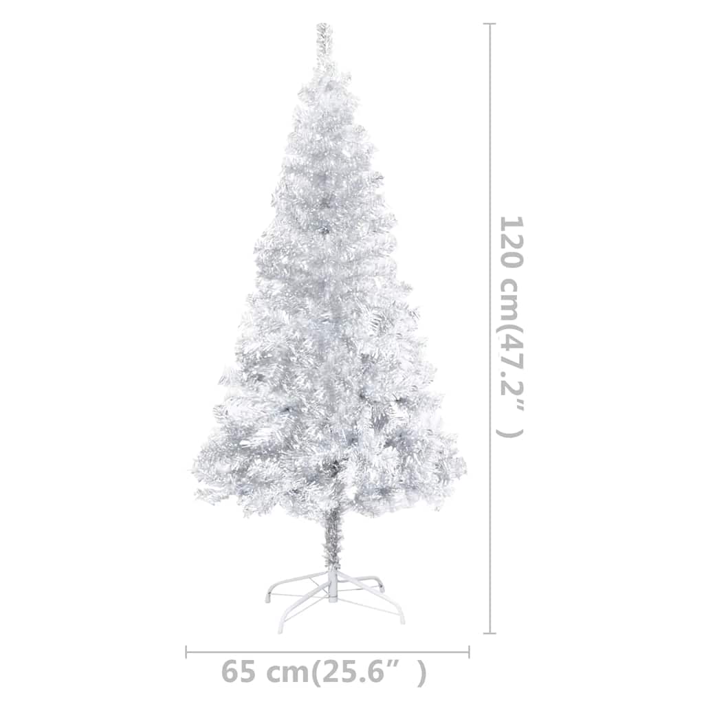 Kunstkerstboom met verlichting en kerstballen 120 cm PET zilver