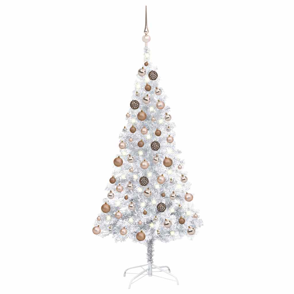 Kunstkerstboom met verlichting en kerstballen 150 cm PET zilver