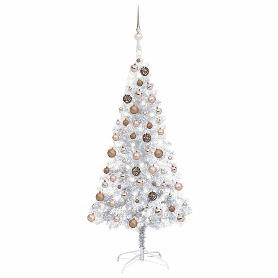 Kunstkerstboom met verlichting en kerstballen 150 cm PET zilver