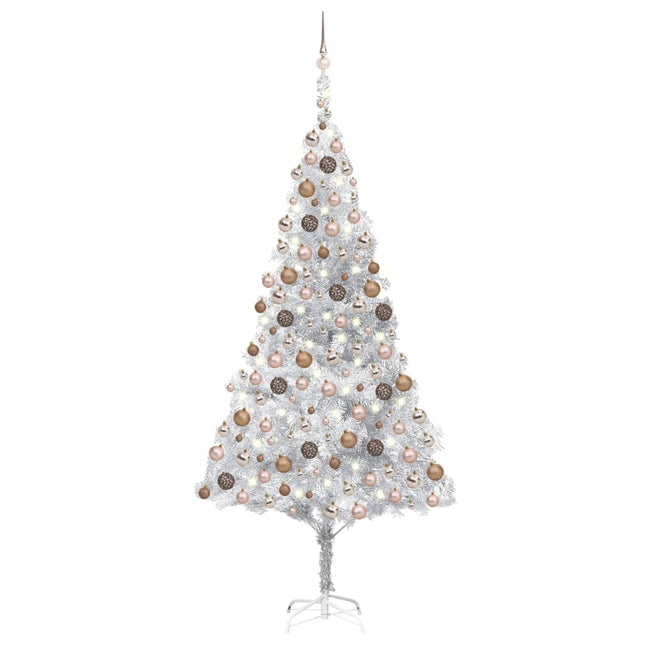 Kunstkerstboom Met Verlichting En Kerstballen 240 Cm Pet Zilver 240 x 120 cm Zilverkleurig en rosé