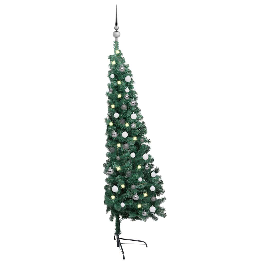 Kunstkerstboom Met Verlichting En Kerstballen Half 180 Cm 180 x 110 cm Groen en rood