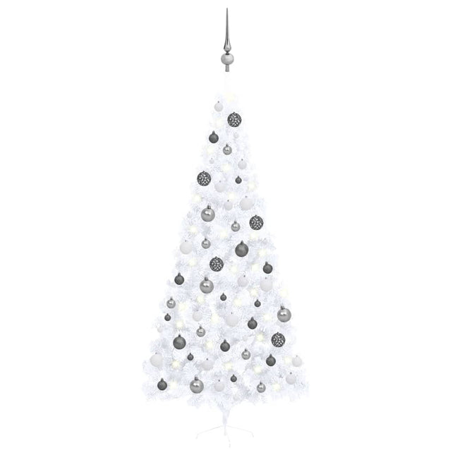 Kunstkerstboom Met Verlichting En Kerstballen Half 240 Cm 240 x 125 cm Wit en grijs