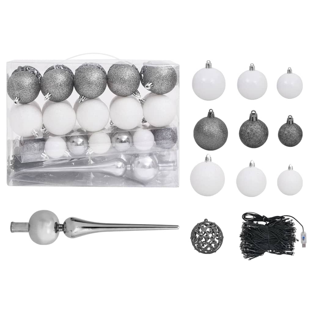 Kunstkerstboom Met Verlichting En Kerstballen 620 Takken 80 Cm 180 x 90 cm Wit en grijs