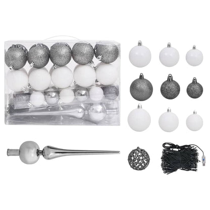 Kunstkerstboom Met Verlichting En Kerstballen 620 Takken 80 Cm 180 x 90 cm Wit en grijs