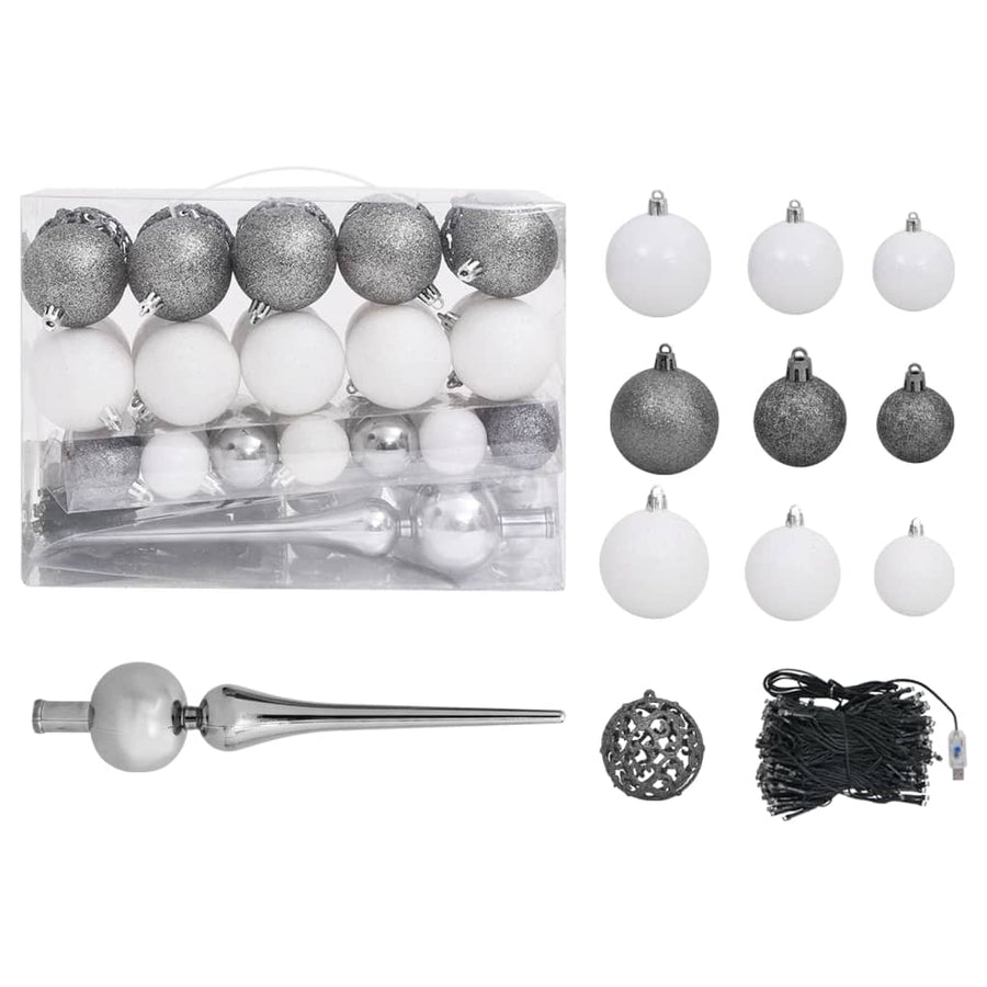 Kunstkerstboom Met Verlichting En Kerstballen 620 Takken 80 Cm 180 x 90 cm Wit en grijs
