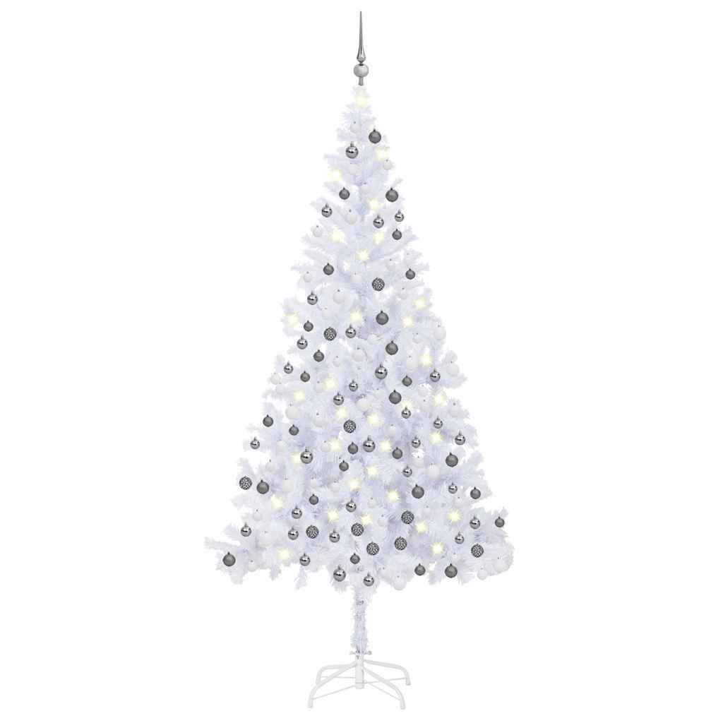 Kunstkerstboom Met Verlichting En Kerstballen 910 Takken 210 Cm 210 x 105 cm Wit en grijs