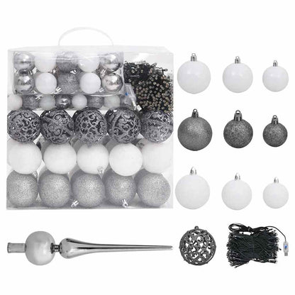 Kunstkerstboom Met Verlichting En Kerstballen 910 Takken 210 Cm 210 x 105 cm Wit en grijs